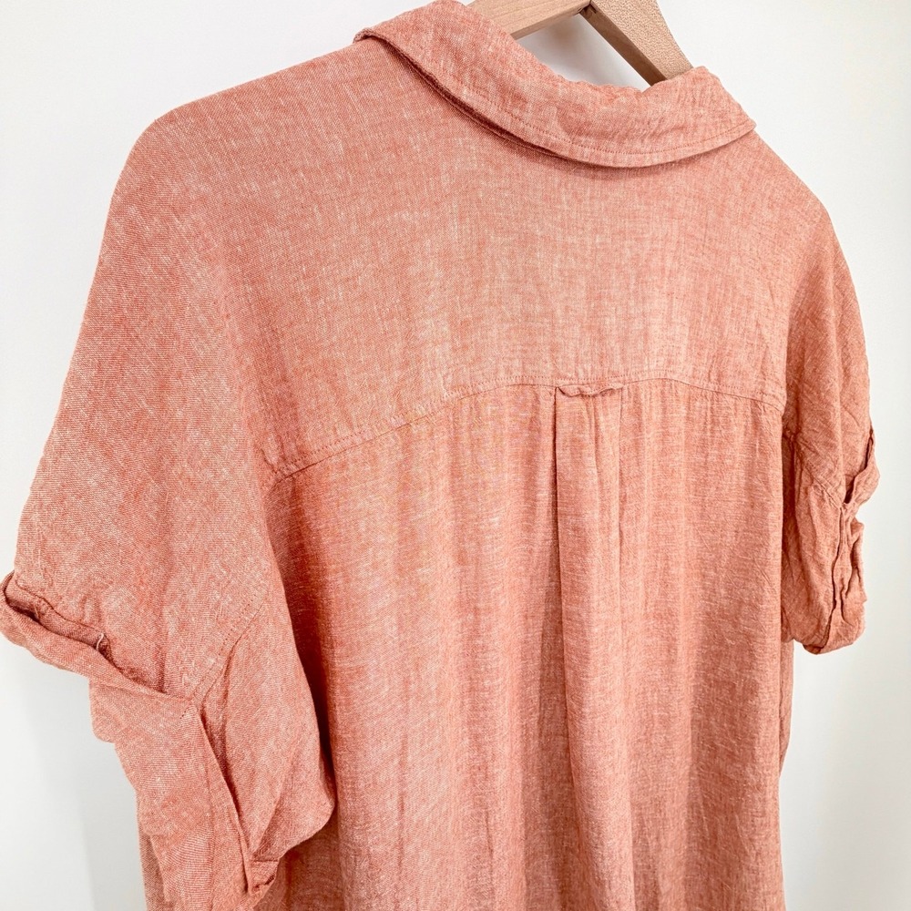 Terra & Sky Linen Blend Button Shirt 1X Coral Pink Short Sleeve Plus Size Blouse - Picture 5 of 8